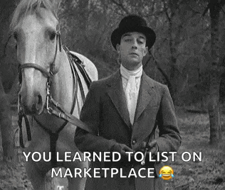 a man in a suit and hat is standing next to a horse and says `` you learned to list on marketplace '' .