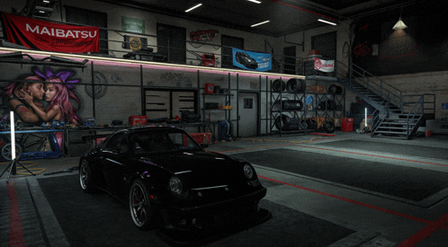 a black car is parked in a garage with a maibatsu banner