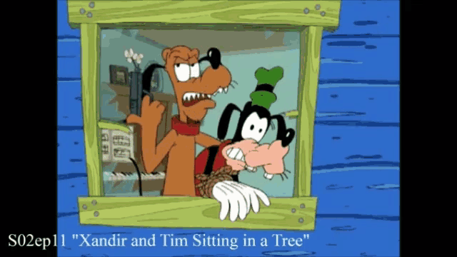 goofy and pluto are sitting in a tree in a cartoon