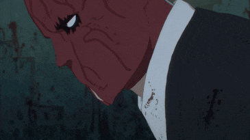 a cartoon character with stitched fingers and a red mask on his face