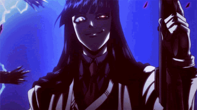 a woman with red eyes is holding a sword and smiling