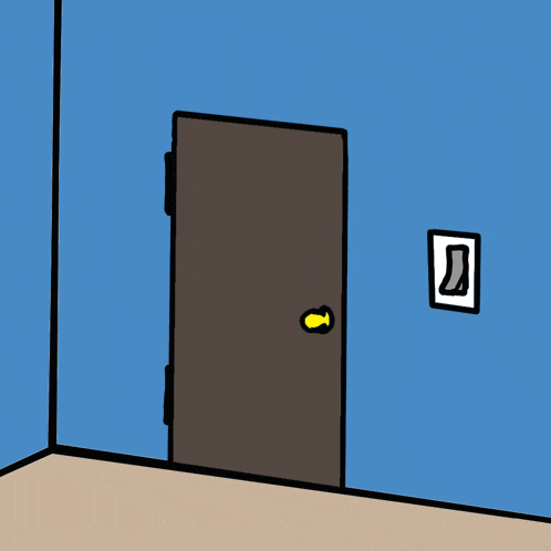 a cartoon illustration of a door with a green hand holding a light switch
