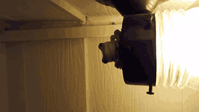 a ceiling light with a clear glass shade is lit up in a dark room