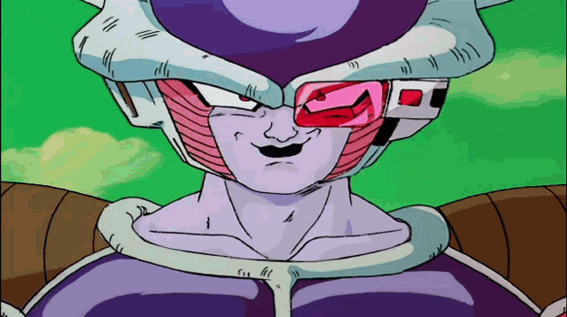 a close up of a cartoon character with a purple helmet on