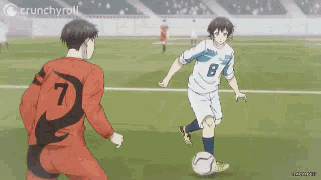 a person kicking a soccer ball on a field with crunchyroll written on the bottom