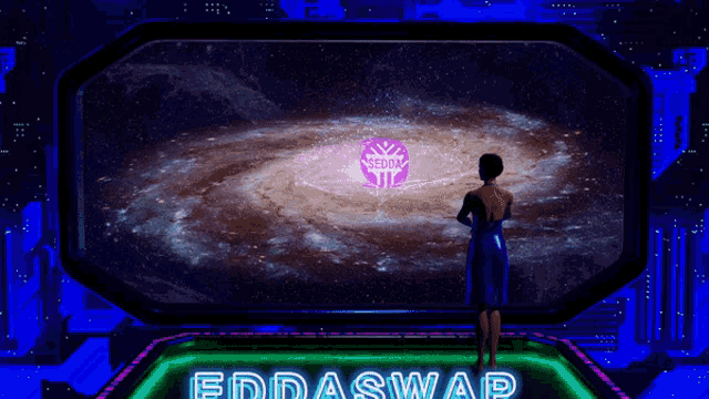 a woman stands in front of a screen that says eddaswap