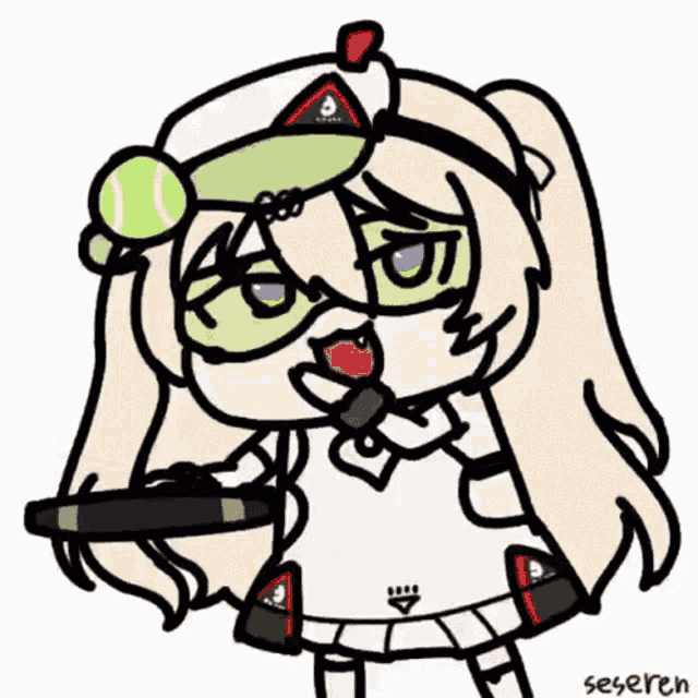 a cartoon of a girl with a tennis ball in her mouth .