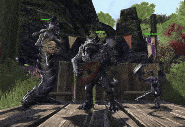 a group of monsters are standing on a wooden platform and one of them has the name dominus on his name tag