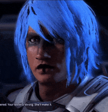 a video game character with blue hair is talking about his sister