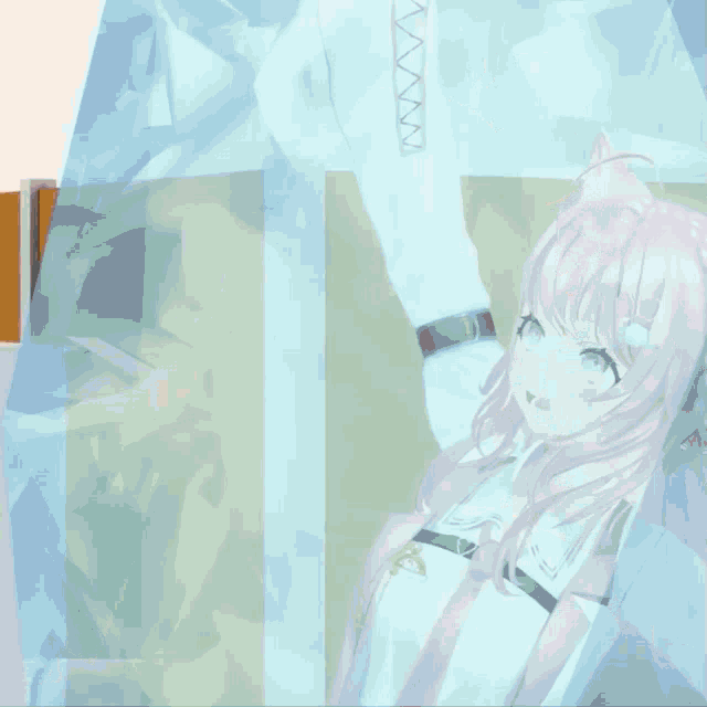 a girl with pink hair and green eyes is holding a pot of food
