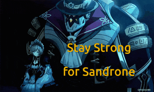 a video game character with the words stay strong for sandrone on it