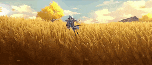 a person is walking through a field of tall grass