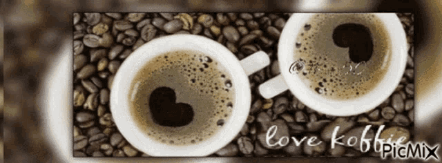 two cups of coffee with a heart in the middle and the words love koffie on top