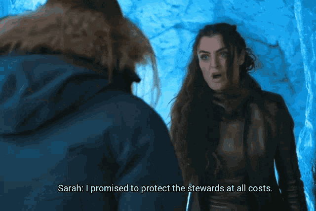 sarah promised to protect the stewards at all costs in a blue cave