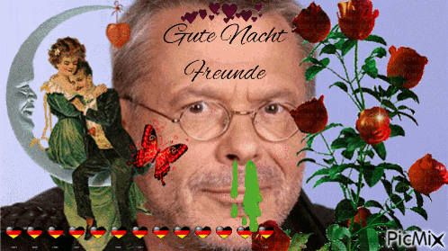 a man with glasses is surrounded by flowers and says gute nacht freunde on it