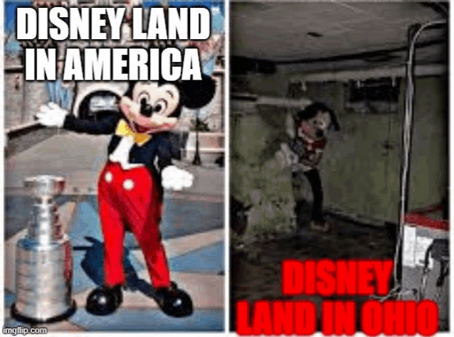 a picture of mickey mouse standing next to a trophy and a picture of a disney land in ohio .