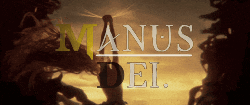 a poster for manus dei shows a man reaching for something
