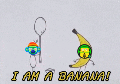 a drawing of a banana and a spoon with the words i am a banana below it