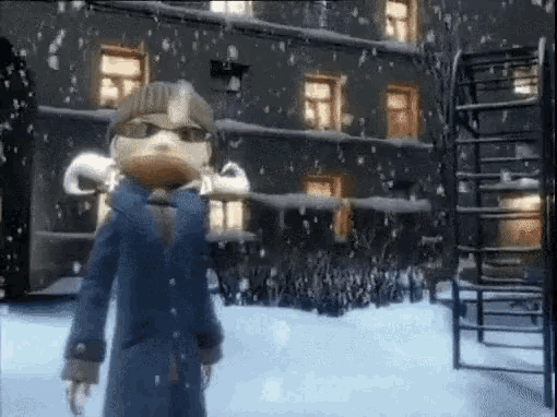 a cartoon character with a beard and sunglasses is standing in the snow in front of a building