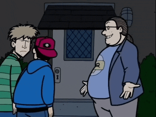a man wearing a hat with a skull on it talks to two other men