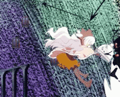 a cartoon character is flying through the air with a sword