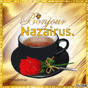 a greeting card with a cup of tea and a red rose says bonjour nazarus