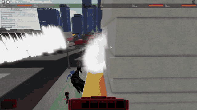 a screenshot of a video game shows a person standing in front of a building with a city in the background