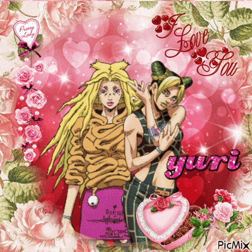 a picture of two anime characters with the words i love you yuri written on it