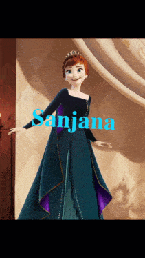 a picture of anna from frozen with the name sanjana written in blue