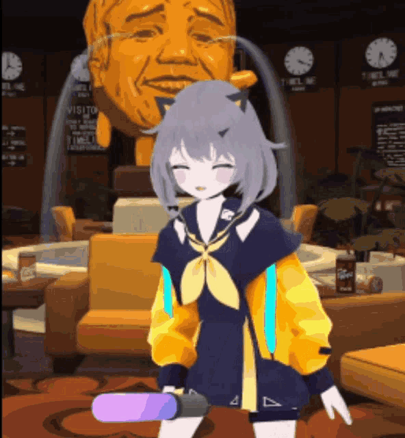 a girl in a yellow and black outfit stands in front of a statue of a man with the word visito on it