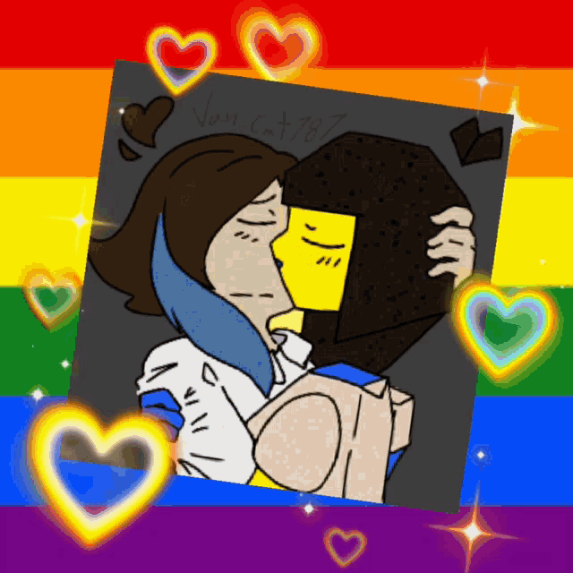 a drawing of a man and a woman kissing with rainbow hearts around them