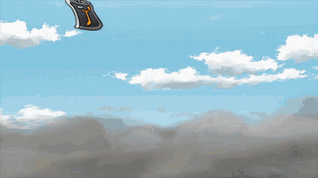 a cartoon drawing of a sword and shield flying through the sky
