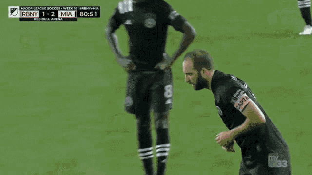 a soccer game between rbny and mia is underway
