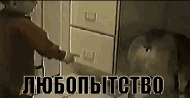 a man is pointing at a drawer with the words " любопытство " written on it .