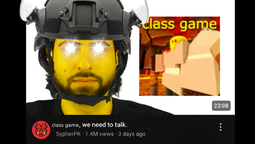 a video of a man wearing a helmet with the words class game on the bottom