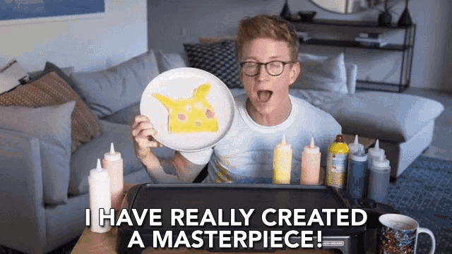 a man is holding a plate with a pikachu on it and says " i have really created a masterpiece ! "