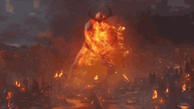 a giant monster with horns is standing in the middle of a burning city .