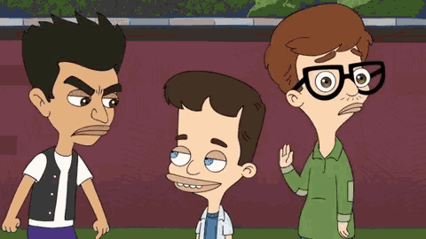 three cartoon characters are standing next to each other and one of them is wearing glasses