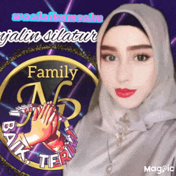 a woman wearing a hijab is standing in front of a logo that says family