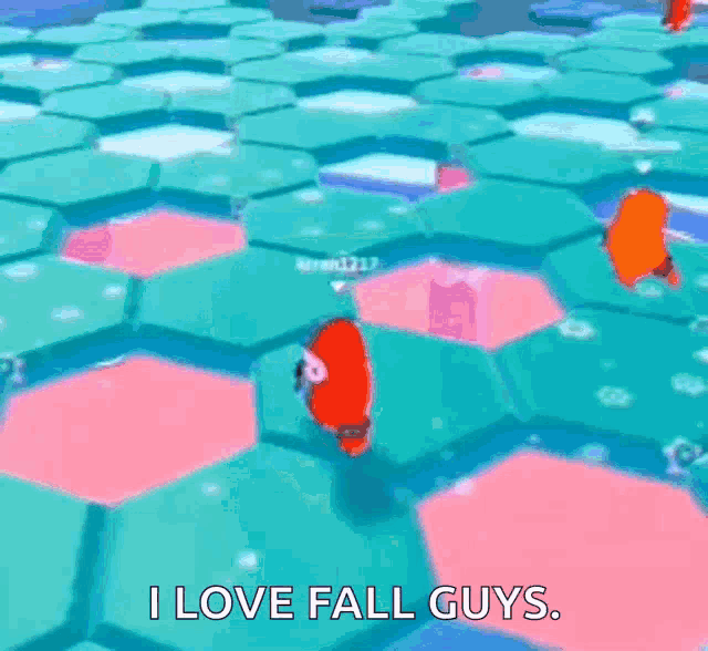 a person is playing a video game and says `` i love fall guys ''