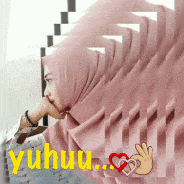 a picture of a woman wearing a pink hijab with the word yuhuu written in yellow