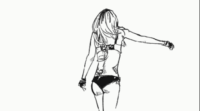 a black and white drawing of a woman in a bikini