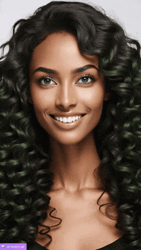 a woman with curly hair is smiling and has a purple border around her face