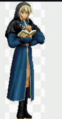 a pixel art of a man in a blue coat reading a book