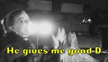 a black and white photo of a girl with the words he gives me good-d on it