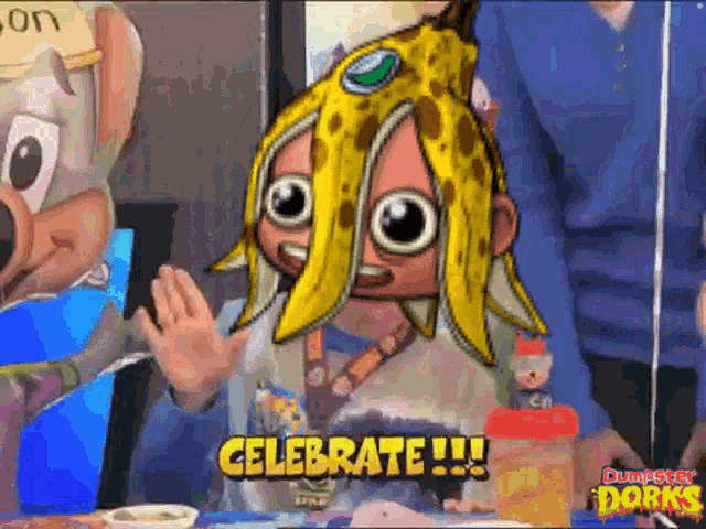 a cartoon character with a banana peel on her head says " celebrate "