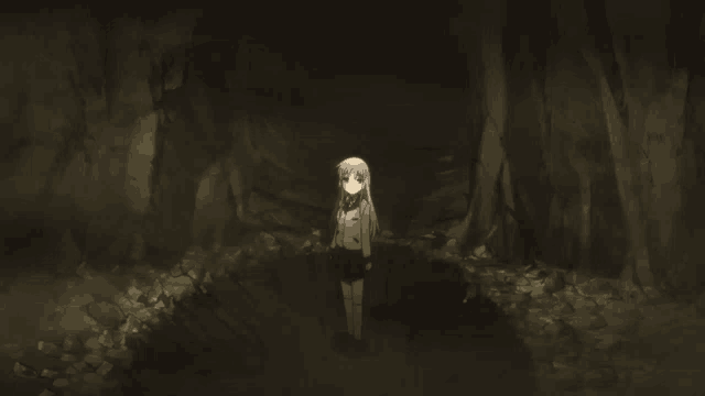 a girl in a school uniform is standing in the dark