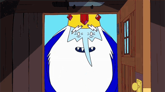 ice king from adventure time is standing in a doorway with a knife hanging from the ceiling
