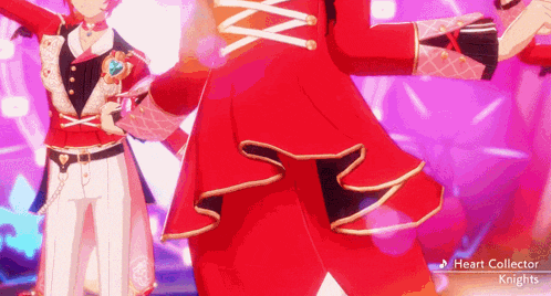 a couple of anime characters are dancing on a stage with the words heart collector knights on the bottom .