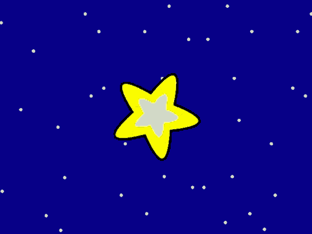 a yellow star with a white center is against a blue sky with white dots